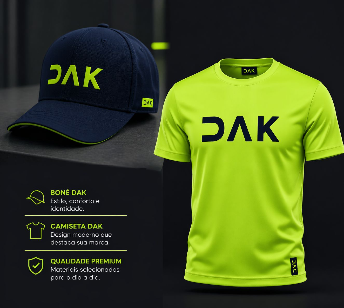 Boné e camiseta DAK — linha oficial de vestuário